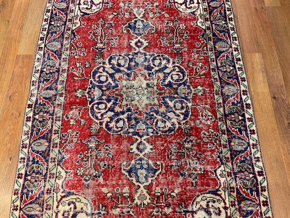4x7 Vintage Red Rug, Traditional Oushak Rug, Handmade Wool Turkish Carpet