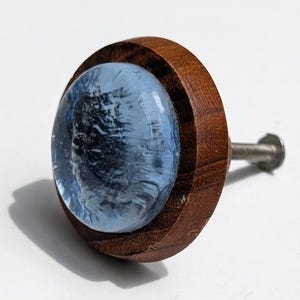 Vintage Swedish Teak & Ice Blue Glass Cabinet Knob | 60s Modernist Brown Wood Pull | Scandinavian Mid-Century Modern Furniture Hardware