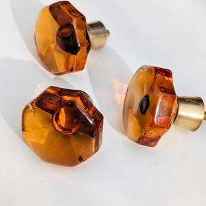 Swedish Honey Amber Glass Cabinet Knob by Verrina | Vintage 1960s Octagonal MCM Drawer Pull | Mid-Century Modern Scandinavian Brass Hardware