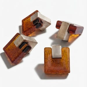 Set of 4 Vintage HAFA Amber Glass Drawer Knobs | MCM 60s Swedish Honey Square Furniture Pulls | Brushed Brass Architectural Cabinet Hardware