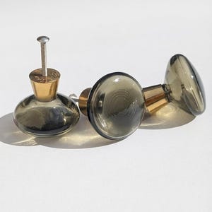 Vintage 1970s Swedish Smoke  Grey Glass Cabinet Knob Verrina 108M | Mid-Century Brass Scandinavian Pull | Sage Green Glass Hardware
