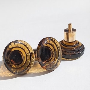 Vintage 1970s Swedish Amber Glass Cabinet Knobs | Tobacco Brown Drawer Pulls | Mid-Century Brass Scandinavian Hardware