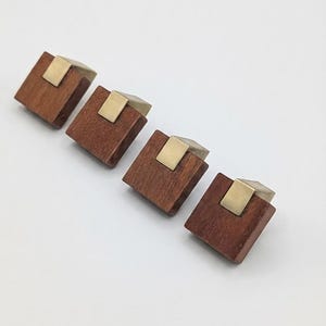 Set of 4 Vintage Swedish Teak & Brass Square Cabinet Knobs | Brutalist Cube Drawer Pulls | Mid-Century Wood Furniture Hardware