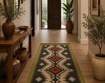 Alfombra de pasillo neutra hecha a mano, alfombra de pasillo, kilim de yute y lana tejido a mano, alfombra de entrada de estilo rústico, alfombra de pasillo Dhurrie india, alfombra tribal.