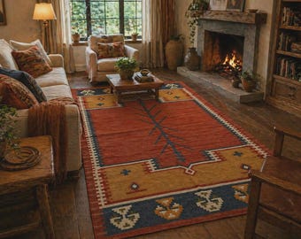 May include: A cosy living room with a patterned rug. The rug has a red central field with yellow, blue, and white geometric designs. The room also features a fireplace, sofa, armchair, and wooden furniture, creating a warm and inviting atmosphere.