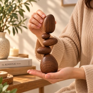 May include: A stack of five smooth, dark brown wooden stones of varying sizes, balanced vertically. The stones feature a visible natural wood grain pattern and a polished finish, held together in a vertical column by two hands.