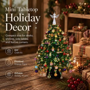 May include: A miniature tabletop Christmas tree crafted from green wire and adorned with multicoloured glass beads and pearls. A white angel ornament sits at the top. The text reads: Mini Tabletop Holiday Decor, Compact size for desks, shelves, side tables, and festive corners, DIY Craft Kit, Finished Display Piece, Giftable Holiday Project.