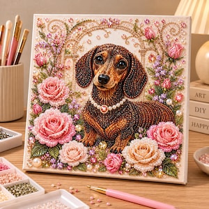 May include: A square diamond painting kit featuring a brown dachshund wearing a pearl necklace, surrounded by pink roses and a decorative archway. The artwork is composed of small, sparkling beads on a canvas, with a pink stylus and bead trays nearby.
