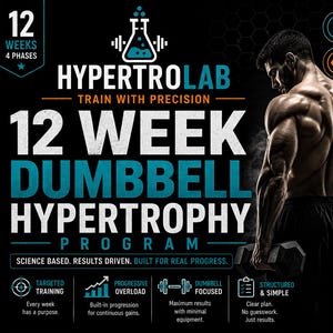 May include: A fitness program advertisement with the text "12 Week Dumbbell Hypertrophy Program." The image features a muscular man holding dumbbells, with icons indicating targeted training, progressive overload, and dumbbell focus. The program promises instant download and requires no gym.