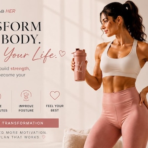 May include: An advertisement for a fitness program. The image features a woman in a white sports bra and pink leggings holding a pink shaker bottle. Text includes "TRANSFORM YOUR BODY" and "Elevate Your Life."