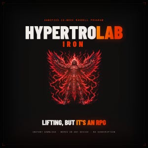 Op de afbeelding: Een digitale afbeelding voor een gamified 12-weken halterprogramma genaamd HYPERTROLAB IRON. Het ontwerp bevat een centrale illustratie van een gespierd figuur met grote vleugels omringd door rode energie, met de tekst LIFTING, BUT IT'S AN RPG eronder.