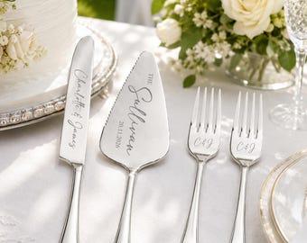 May include: A silver-toned cake serving set consisting of a knife, a triangular server, and two forks. The knife is engraved with Charlotte & James, while the server features The Sullivan and 20.11.2026. The two forks are engraved with C & J.
