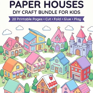 Peut inclure: Un graphique numérique avec le texte PRINTABLE PAPER HOUSES DIY CRAFT BUNDLE FOR KIDS 20 Printable Pages Cut Fold Glue Play. Sous le texte se trouvent des illustrations colorées de diverses maisons, une école, une caserne et un château.