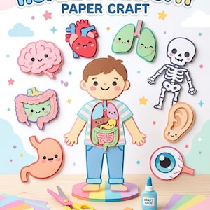 May include: A human anatomy paper craft kit featuring a central character figure with internal organs, surrounded by individual paper cutouts of a brain, heart, lungs, skeleton, ear, stomach, and eye. Includes yellow scissors and a bottle of craft glue.