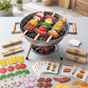 May include: A tabletop charcoal grill with three wooden skewers featuring illustrated food items like corn, tomatoes, broccoli, and meat. Includes stacks of wooden sticks, various paper food cutouts, and recipe cards labeled Skewer 1, Sausage Bun, and Burger.
