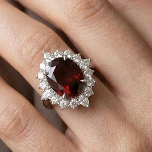 May include: A silver-toned ring featuring a large, oval-cut deep red garnet gemstone at the center, surrounded by a halo of numerous small, clear, round-cut white stones set in a scalloped, starburst-like arrangement on a polished metal band.