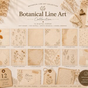 Könnte beinhalten: Eine digitale Sammlung von 12 botanischen Strichzeichnungen auf Papier in den Farben Creme, Leinen, gebranntes Orange und Kakaobraun. Das Set enthält verschiedene Blumenskizzen, Vintage-Raster-Notizen und strukturierte Designs.