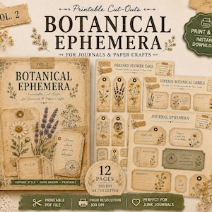 Könnte beinhalten: Eine Sammlung botanischer Ephemera für Journale und Papierarbeiten. Das Set enthält gepresste Blumentags, Vintage-Botanikkarten und Journal-Ephemera. Das Design zeigt Blumenillustrationen und den Text "Botanical Ephemera".