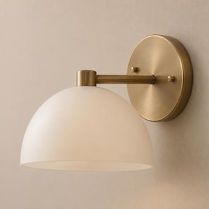 Celestial Brass Globe Wall Sconce – Modern Milk Glass Dome Wall Light, Mid Century Scandinavian Bedroom, Hallway & Bathroom Vanity Fixture