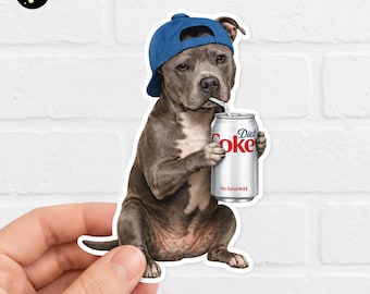 Pegatina divertida de Pit Bull bebiendo Coca-Cola, meme de perro, gráfico divertido de perro bebiendo refresco, pegatina genial para amantes de los Pitbull, ropa con humor animal.