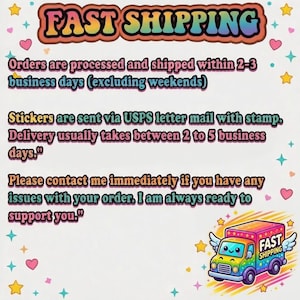 May include: A white informational graphic featuring the text FAST SHIPPING in a rainbow gradient font. The design includes small pink hearts and yellow stars scattered throughout, with a cartoon delivery truck with wings in the bottom right corner.