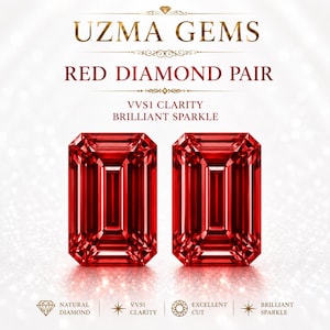 May include: Two rectangular emerald-cut red diamonds displayed side-by-side. The text reads UZMA GEMS, RED DIAMOND PAIR, VVS1 CLARITY, BRILLIANT SPARKLE, NATURAL DIAMOND, and EXCELLENT CUT. The diamonds feature a deep red hue and faceted surfaces.