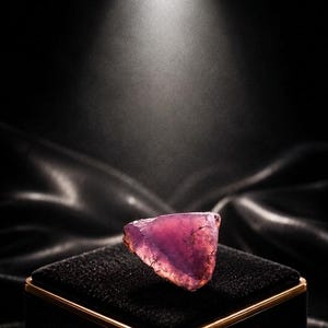 May include: A faceted, raw amethyst gemstone, displaying shades of purple and pink, rests on a black velvet display stand with a gold trim. The gemstone is illuminated by a spotlight against a dark background.