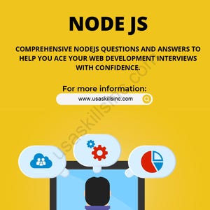 May include: Yellow graphic with the text "NODE JS" and information about web development interviews. The image includes a person sitting at a desk with a computer and thought bubbles with icons.