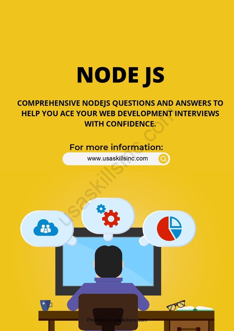 May include: Yellow graphic with the text "NODE JS" and information about web development interviews. The image includes a person sitting at a desk with a computer and thought bubbles with icons.
