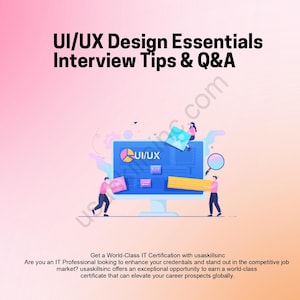 Puede incluir: Ilustración con el texto "UI/UX Design Essentials Interview Tips & Q&A". Un monitor de ordenador muestra "UI/UX" con elementos de diseño y personas. El fondo es un degradado rosa.