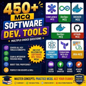 May include: A vibrant graphic advertising software development tools MCQs. The image displays the text "450+ MCQ SOFTWARE DEV. TOOLS" and icons for Confluence, DevOps, Docker, GitHub, and other tools. It also promotes exam preparation and tool proficiency.