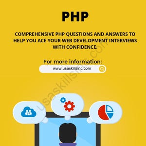May include: A yellow graphic with the word "PHP" at the top. The text below reads "COMPREHENSIVE PHP QUESTIONS AND ANSWERS TO HELP YOU ACE YOUR WEB DEVELOPMENT INTERVIEWS WITH CONFIDENCE." A computer screen is in the center.