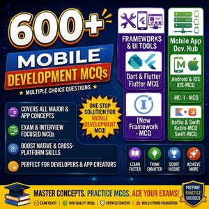 Peut inclure: Graphique promotionnel pour les QCM de développement mobile, avec le texte "600+" et "Mobile Development MCQs". L'image met en évidence les frameworks, les outils d'interface utilisateur et le développement d'applications mobiles. Elle comprend des icônes et des phrases.