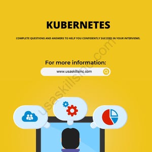 Op de afbeelding: Een gele afbeelding met het woord KUBERNETES in vette zwarte letters. Hieronder staat de tekst "COMPLETE VRAGEN EN ANTWOORDEN OM U TE HELPEN VERTROUWD TE SLAGEN IN UW INTERVIEWS." Een computerscherm toont drie denkzeepbellen met iconen.