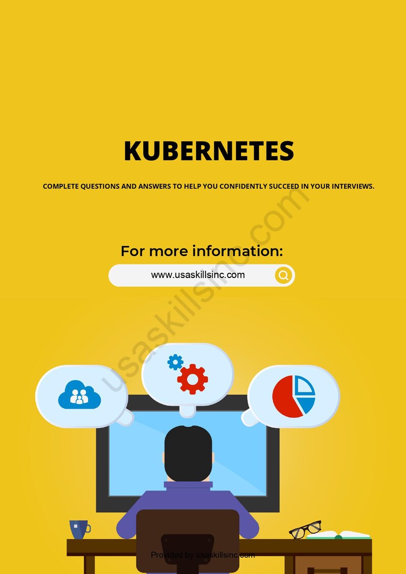 Op de afbeelding: Een gele afbeelding met het woord KUBERNETES in vette zwarte letters. Hieronder staat de tekst "COMPLETE VRAGEN EN ANTWOORDEN OM U TE HELPEN VERTROUWD TE SLAGEN IN UW INTERVIEWS." Een computerscherm toont drie denkzeepbellen met iconen.