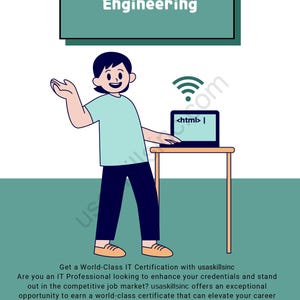 May include: Illustration promoting Software Engineering certification. A cartoon figure stands near a laptop displaying code, with a Wi-Fi symbol above. The image includes the text "Software Engineering" and website information.