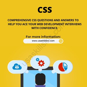 May include: A yellow background with the word "CSS" in bold text. The text below reads "COMPREHENSIVE CSS QUESTIONS AND ANSWERS TO HELP YOU ACE YOUR WEB DEVELOPMENT INTERVIEWS WITH CONFIDENCE." A person is seated at a desk with a computer.