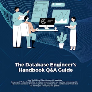 May include: Illustration of a handbook titled "The Database Engineer's Handbook Q&A Guide." The image features three people, computer screens, and a plant. The background is a dark blue with light blue lines and the Flutter logo.