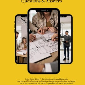 Peut inclure: Image promotionnelle avec le texte "Essential Mobile Development Interview Questions & Answers". L'image présente trois smartphones affichant des professionnels dans un cadre professionnel, avec des plans architecturaux. Le fond est jaune.