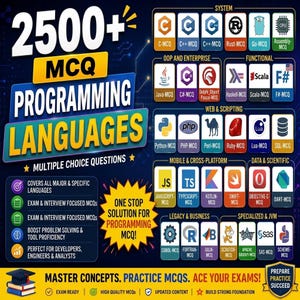May include: A graphic with the text "2500+ MCQ Programming Languages" and various programming language logos. It highlights multiple-choice questions, exam preparation, and covers major languages. The image promotes a one-stop solution for programming MCQ.