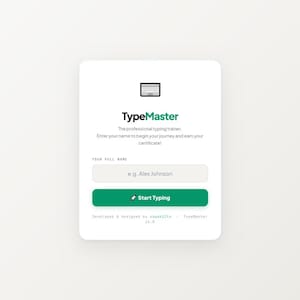 May include: A white digital interface for the "TypeMaster" typing trainer. The interface includes a logo, text fields for entering a name, and a green "Start Typing" button. The interface is on a white background.