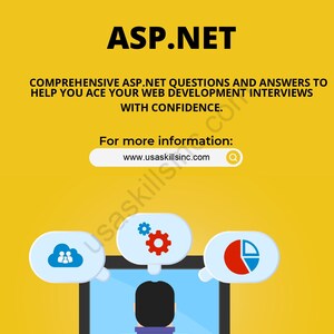 May include: A yellow graphic with the text "ASP.NET" and a description about web development interviews. The image includes a computer screen with speech bubbles containing icons, and a person sitting at a desk.
