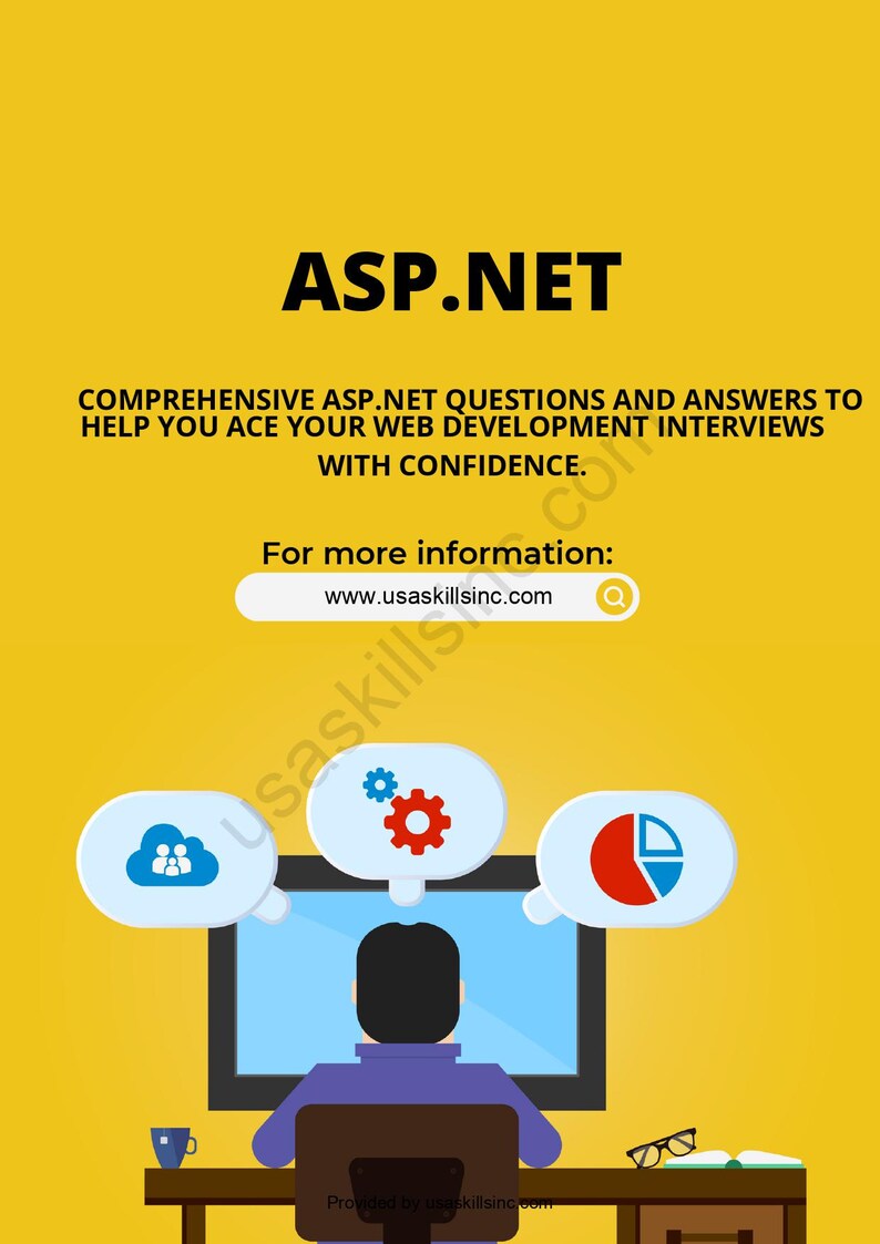 May include: A yellow graphic with the text "ASP.NET" and a description about web development interviews. The image includes a computer screen with speech bubbles containing icons, and a person sitting at a desk.