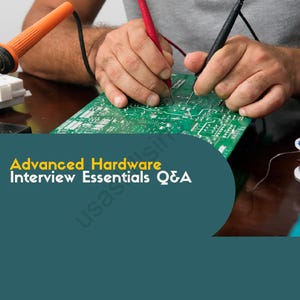 Puede incluir: Una persona utiliza un multímetro para probar una placa de circuito verde. La imagen incluye el texto "Advanced Hardware Interview Essentials Q&A" sobre un fondo verde azulado, con un borde amarillo y blanco.