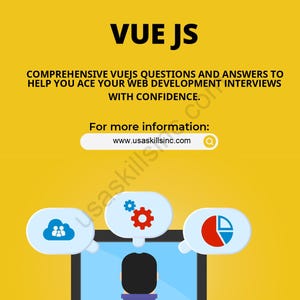 May include: A yellow graphic with the text "VUE JS" and the tagline "Comprehensive VueJS questions and answers to help you ace your web development interviews with confidence." The image also includes a website address and icons.
