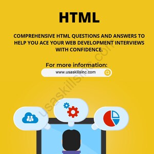 May include: A yellow graphic with the word "HTML" at the top. The text below reads "COMPREHENSIVE HTML QUESTIONS AND ANSWERS TO HELP YOU ACE YOUR WEB DEVELOPMENT INTERVIEWS WITH CONFIDENCE." A computer screen is in the center.