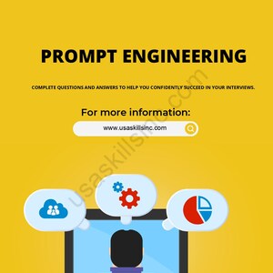 Op de afbeelding: Een gele afbeelding met de tekst "PROMPT ENGINEERING" en de slogan "COMPLETE QUESTIONS AND ANSWERS TO HELP YOU CONFIDENTLY SUCCEED IN YOUR INTERVIEWS." Een persoon zit aan een bureau met een computer en denkballonnen.