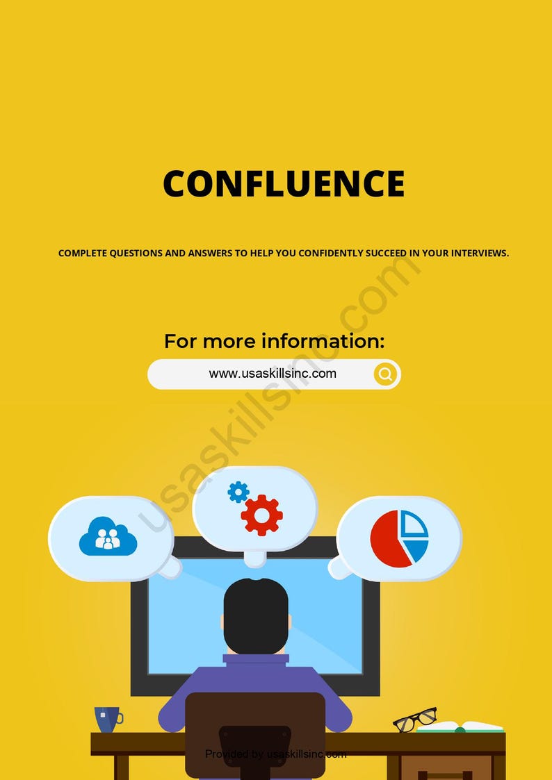 Op de afbeelding: Een gele afbeelding met het woord "CONFLUENCE" in vette zwarte letters. De tekst hieronder luidt "COMPLETE QUESTIONS AND ANSWERS TO HELP YOU CONFIDENTLY SUCCEED IN YOUR INTERVIEWS." Een computerscherm staat in het midden met denkballonnen.