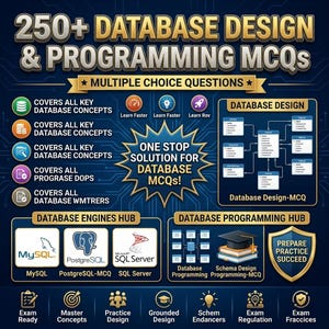 May include: A navy blue graphic with the text "250+ DATABASE DESIGN & PROGRAMMING MCQS" and "MULTIPLE CHOICE QUESTIONS". The graphic includes icons, diagrams, and logos for database concepts, engines, and programming.