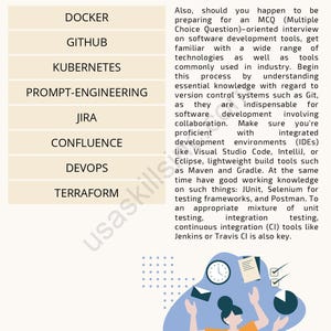 Op de afbeelding: Een infographic met de titel "Overzicht" toont software-ontwikkelingstools zoals Docker, Github, Kubernetes en Terraform. De afbeelding bevat ook een cartoonillustratie van een persoon met meerdere armen die op een laptop werkt.
